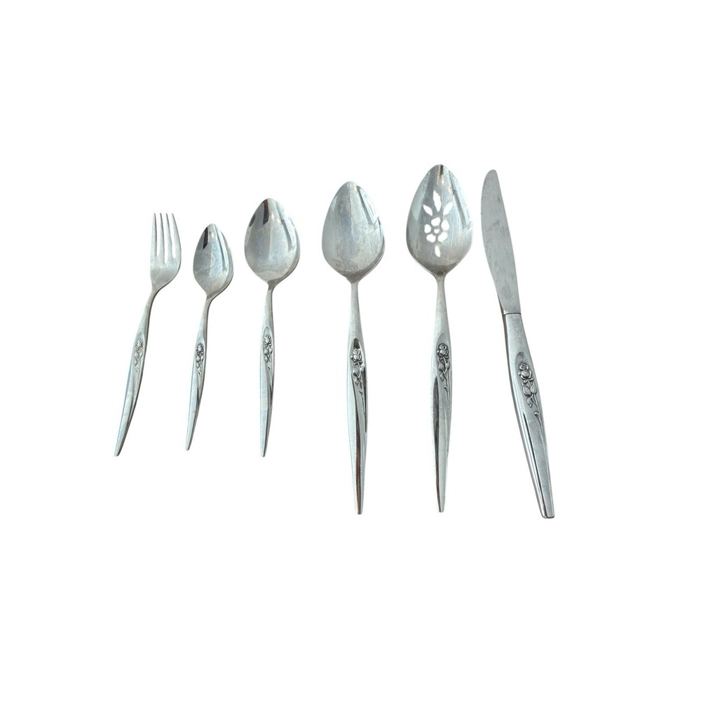 MCM Vintage Sears Tradition Stainless Gentle Rose Flatware (Set 52) Rose Handles